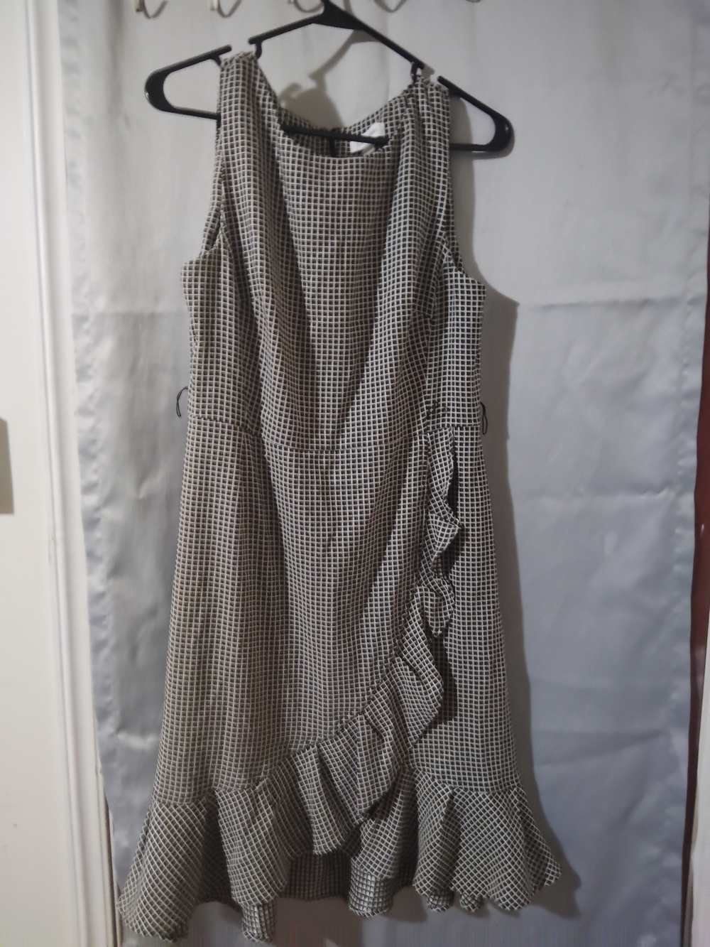 Calvin Klein Black and White Check Ruffle Midi Dress